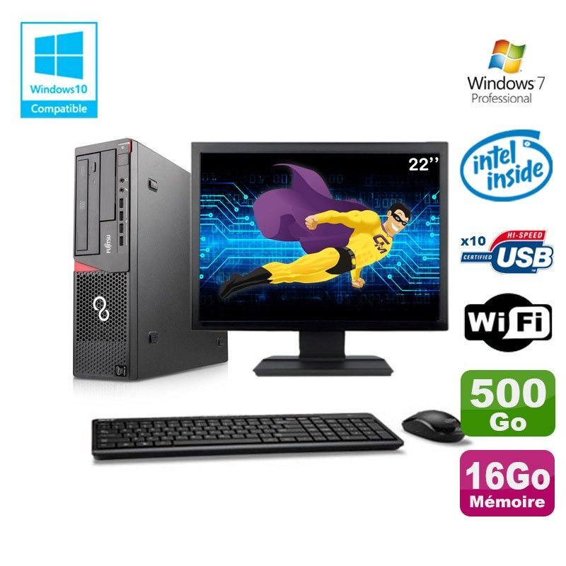 Lot PC Fujitsu E720 E85+ G3220 3GHz 16Go 500Go Graveur WIFI W7 + Ecran 22
