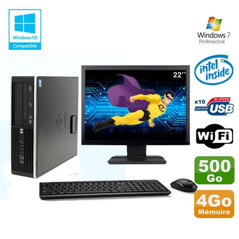 Lot PC HP Elite 8100 SFF G6950 2,8 GHz 4Go 500Go Wifi Graveur W7 Pro Ecran 22