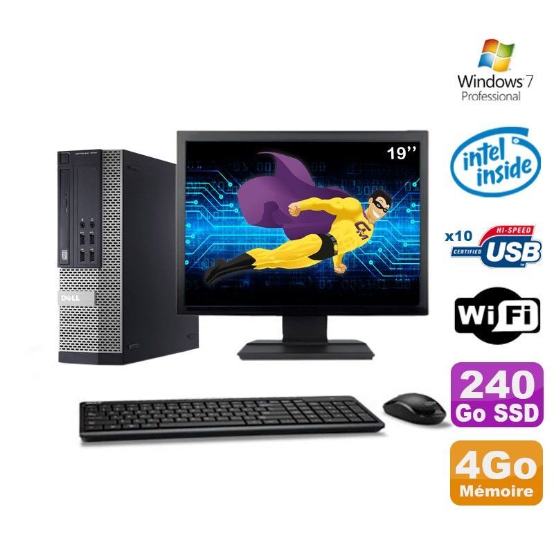 Lot PC Dell Optiplex 990 SFF G630 2.7GHz 4Go 240Go SSD DVD Wifi W7 + Ecran 19