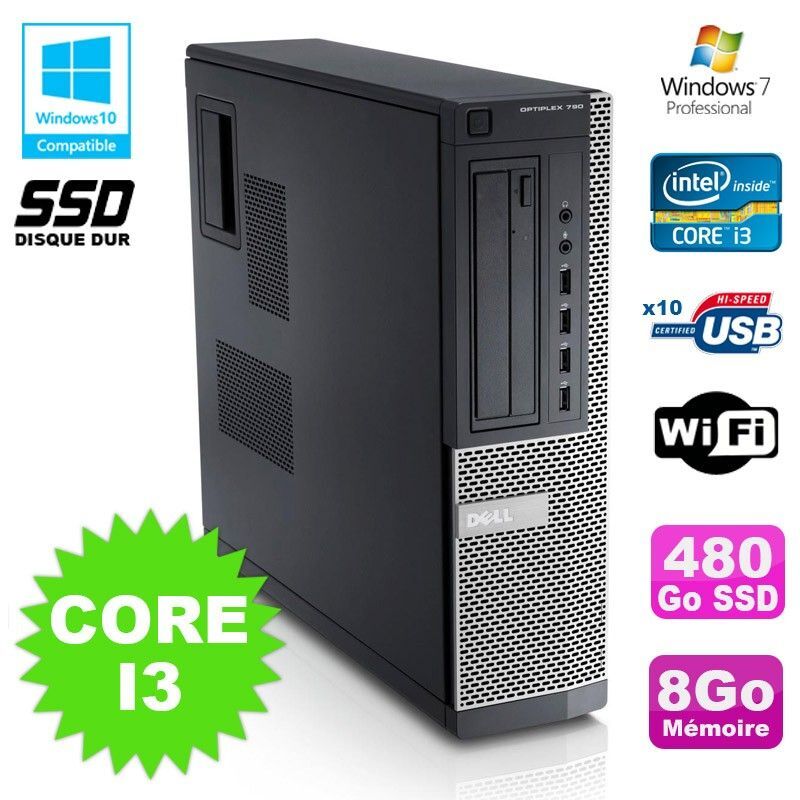 PC Dell Optiplex 790 DT Intel I3-2120 3.3Ghz 8Go 480Go SSD DVD WIFI Win 7