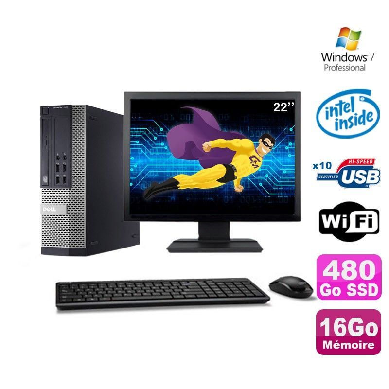 Lot PC Dell Optiplex 990 SFF G630 2.7GHz 16Go 480Go SSD DVD Wifi W7 + Ecran 22
