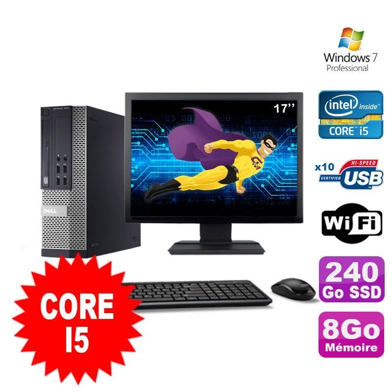 Lot PC Dell Optiplex 990 SFF I5-2400 3.1GHz 8Go 240Go SSD DVD Wifi W7 + Ecran 17