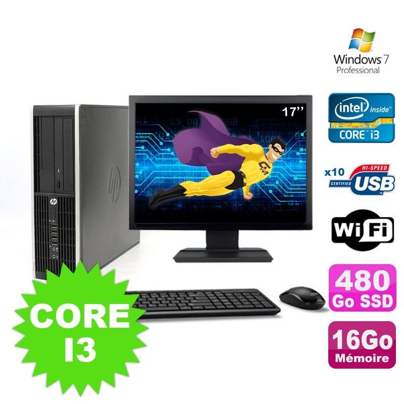 Lot PC HP Compaq Elite 8100 SFF Core I3-530 16Go 480Go SSD DVD WIFI W7 +Ecran 17