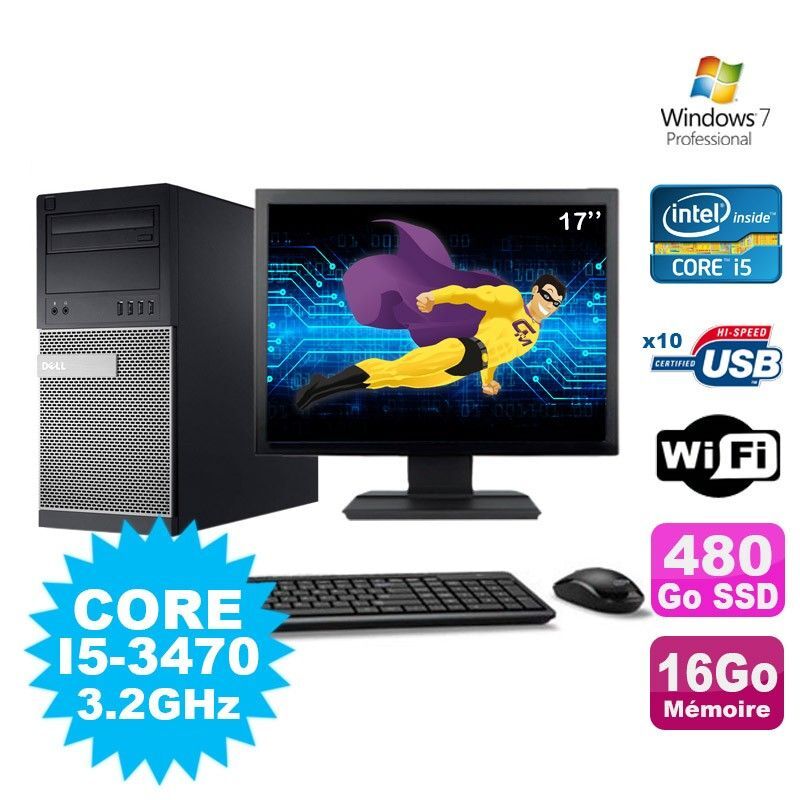 Lot PC Tour Dell Optiplex 7010 I5-3470 3.2Ghz 16Go 480Go SSD WIFI W7 + Ecran 17