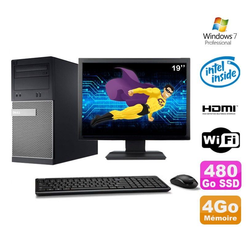 Lot PC Tour DELL 3010 MT G2020 Graveur 4Go 480Go SSD HDMI Wifi W7 + Ecran 19