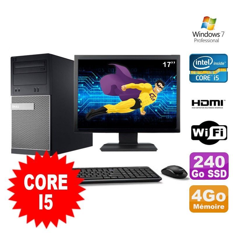 Lot PC Tour DELL 3010 MT I5-2400 Graveur 4Go 240Go SSD HDMI Wifi W7 + Ecran 17
