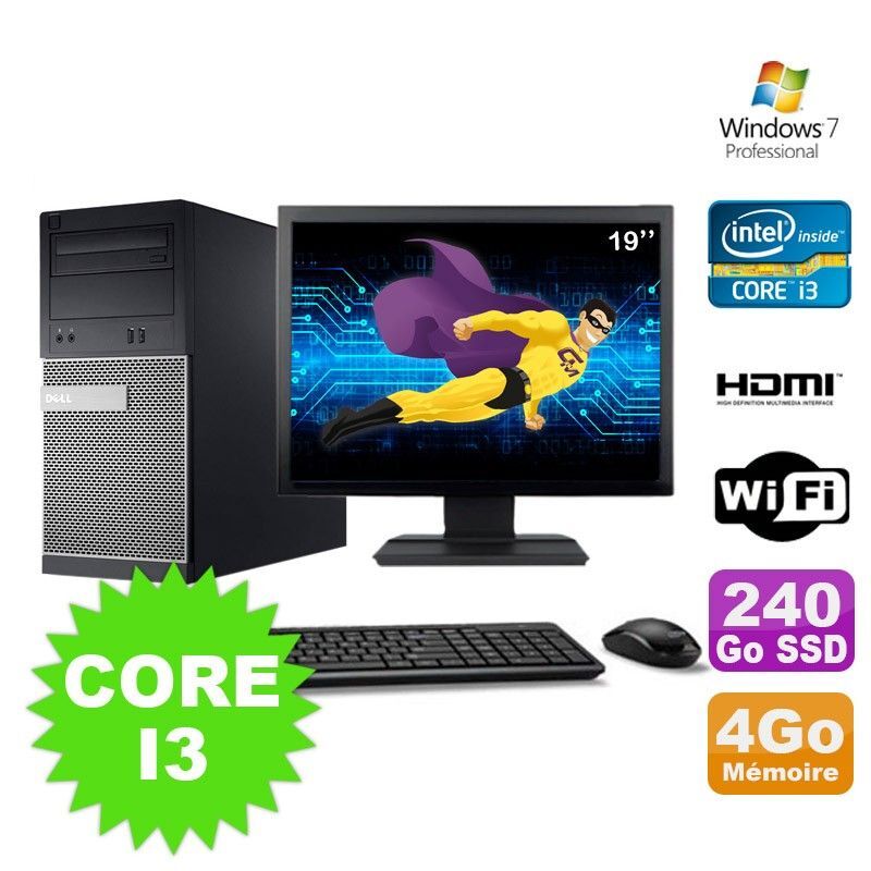 Lot PC Tour DELL 3010 MT I3-2120 Graveur 4Go 240Go SSD HDMI Wifi W7 + Ecran 19