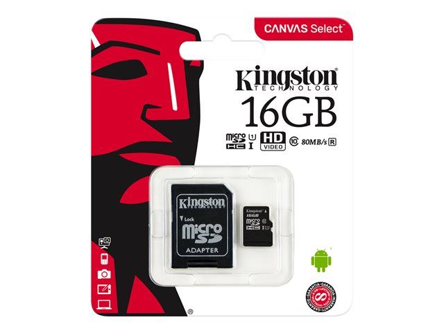 Kingston Canvas Select - Carte mémoire flash (adaptateur microSDXC vers SD inclus(e)) - 16 Go - UHS-I U1 / Class10 - microSDHC UHS-I