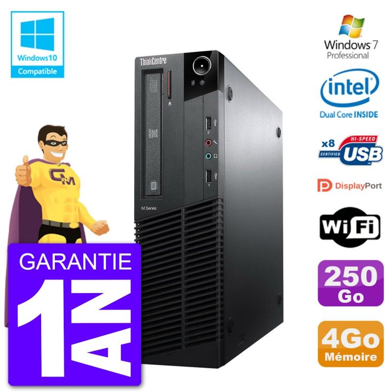 PC Lenovo ThinkCentre M82 SFF G640 RAM 4Go Disque Dur 250Go Graveur DVD Wifi W7