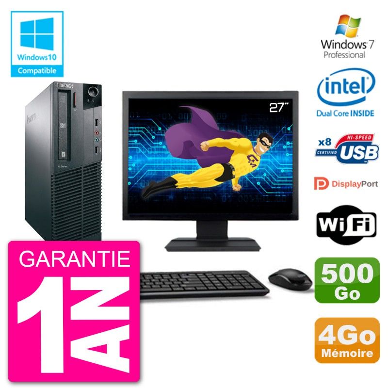 PC Lenovo M82 SFF Ecran 27" G2020 RAM 4Go Disque 500Go Graveur DVD Wifi W7