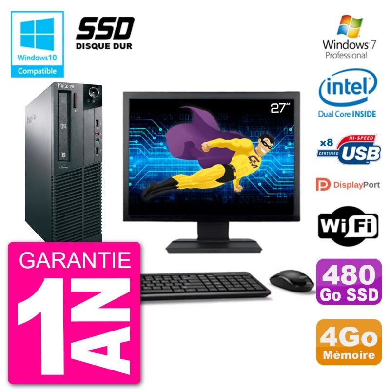 PC Lenovo M82 SFF Ecran 27" G2020 RAM 4Go SSD 480Go Graveur DVD Wifi W7