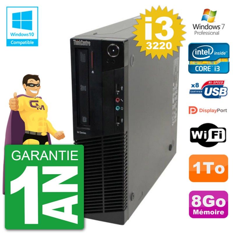 PC Lenovo ThinkCentre M82 SFF i3-3220 RAM 8Go Disque Dur 1To Graveur DVD Wifi W7