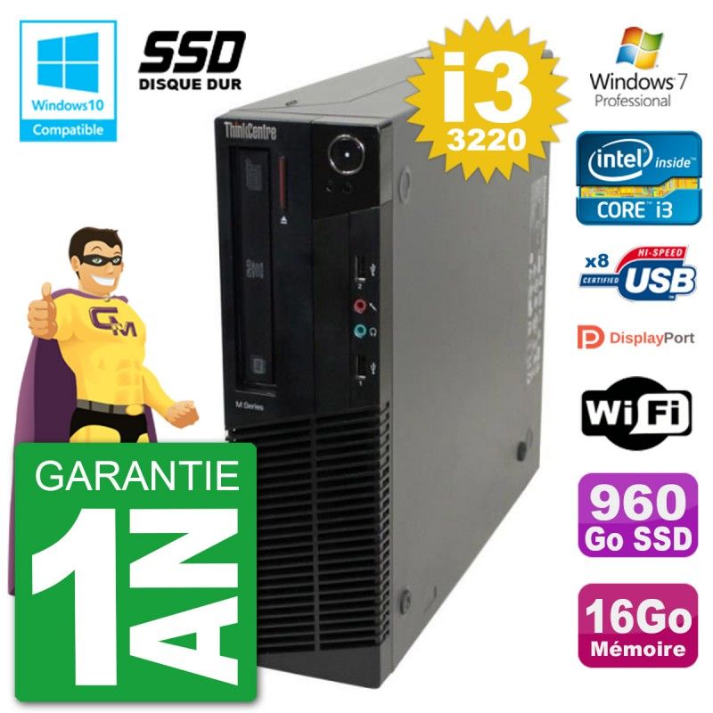 PC Lenovo ThinkCentre M82 SFF i3-3220 RAM 16Go SSD 960Go Graveur DVD Wifi W7
