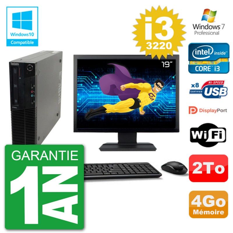 PC Lenovo M82 SFF Ecran 19" i3-3220 RAM 4Go Disque 2To Graveur DVD Wifi W7