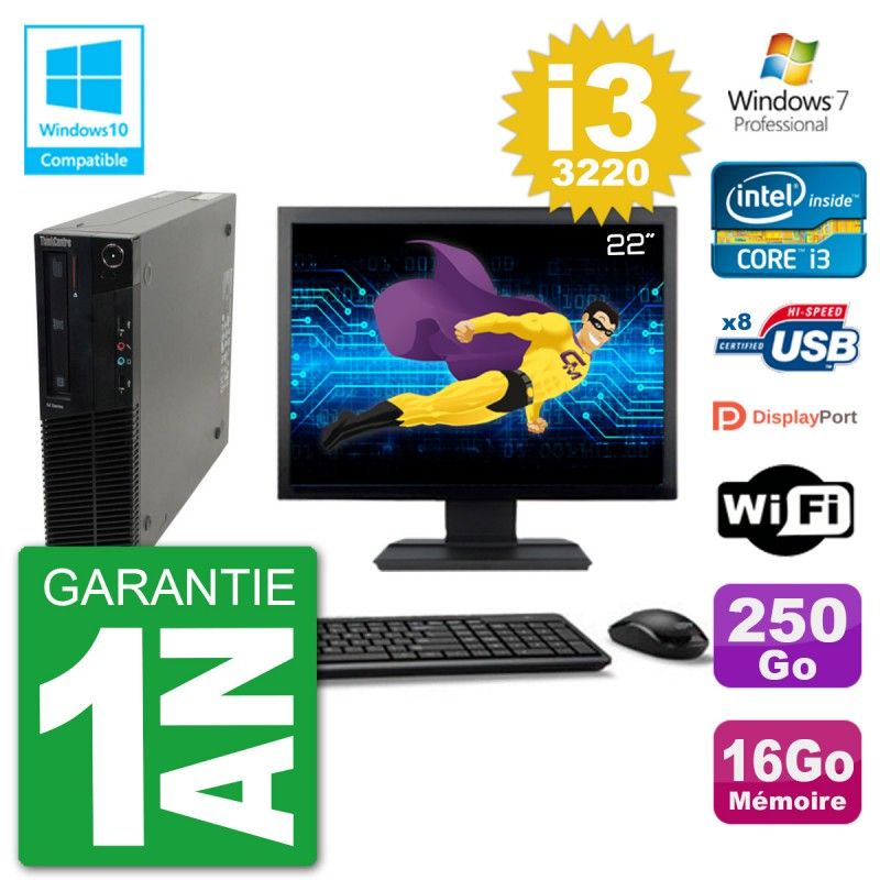 PC Lenovo M82 SFF Ecran 22" i3-3220 RAM 16Go Disque 250Go Graveur DVD Wifi W7