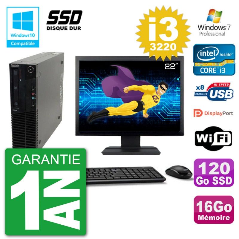 PC Lenovo M82 SFF Ecran 22" i3-3220 RAM 16Go SSD 120Go Graveur DVD Wifi W7