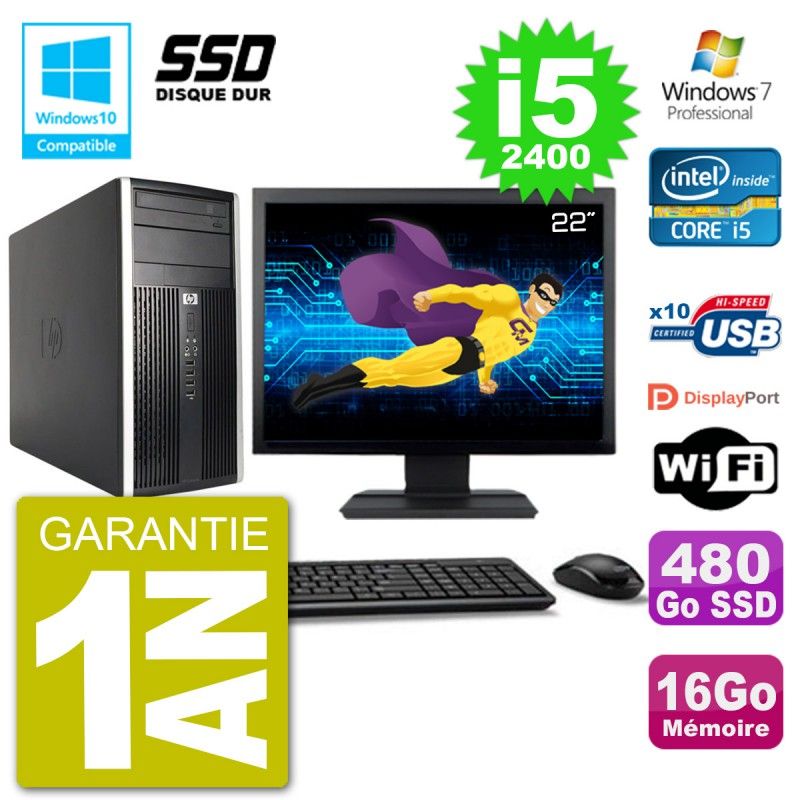 PC HP 6300 MT Ecran 22" Core i5-2400 RAM 16Go SSD 480Go Graveur DVD Wifi W7