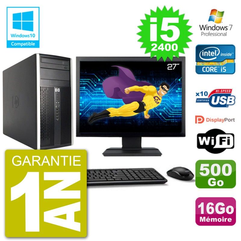 PC HP 6300 MT Ecran 27" i5-2400 RAM 16Go Disque 500Go Graveur DVD Wifi W7