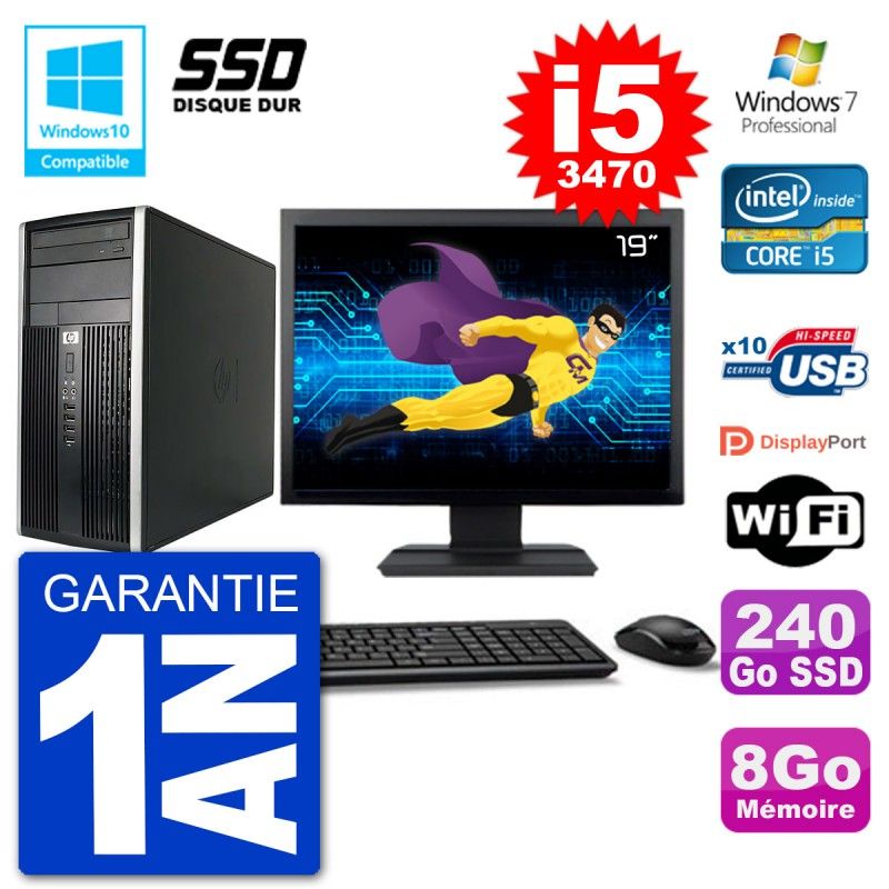 PC HP 6300 MT Ecran 19" Core i5-3470 RAM 8Go SSD 240Go Graveur DVD Wifi W7