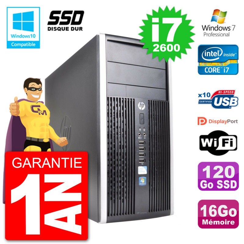 PC HP 6300 MT Intel Core i7-2600 RAM 16Go SSD 120Go Graveur DVD Wifi W7