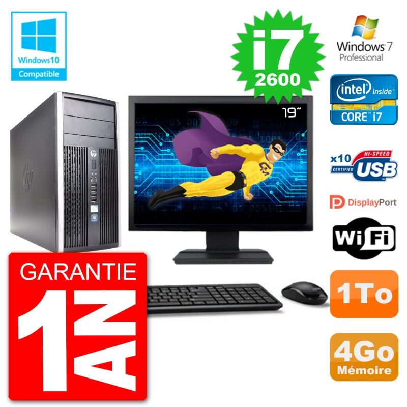 PC HP 6300 MT Ecran 19" Core i7-2600 RAM 4Go Disque 1To Graveur DVD Wifi W7