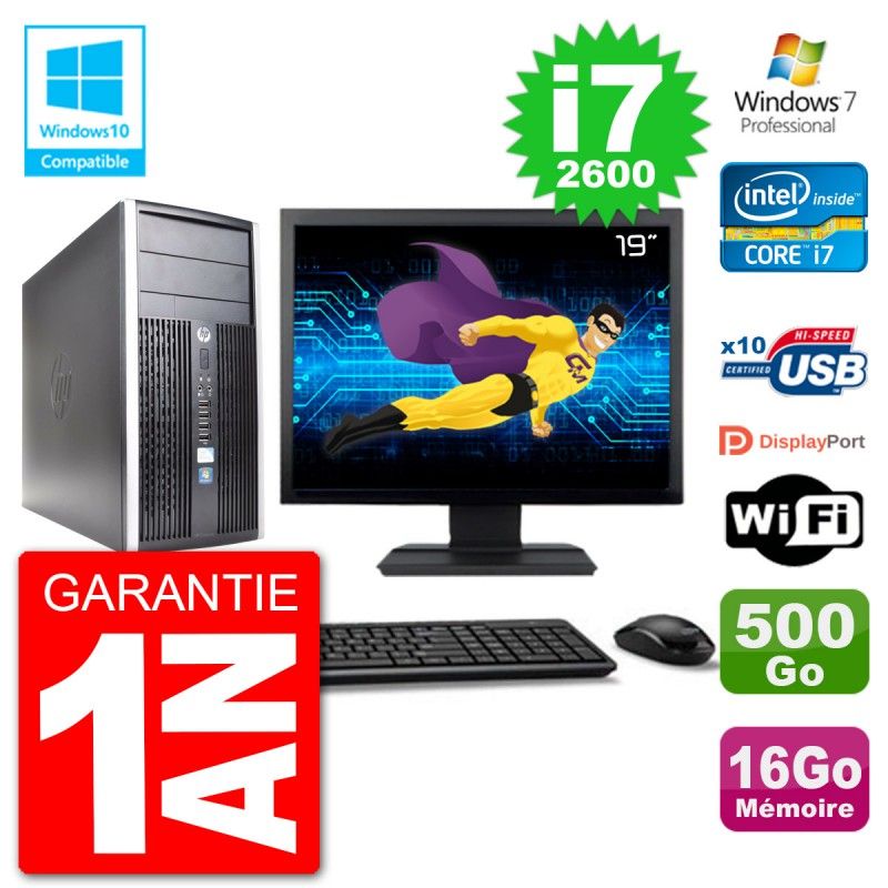 PC HP 6300 MT Ecran 19" i7-2600 RAM 16Go Disque 500Go Graveur DVD Wifi W7