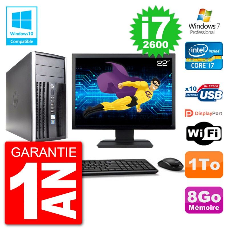 PC HP 6300 MT Ecran 22" Core i7-2600 RAM 8Go Disque 1To Graveur DVD Wifi W7