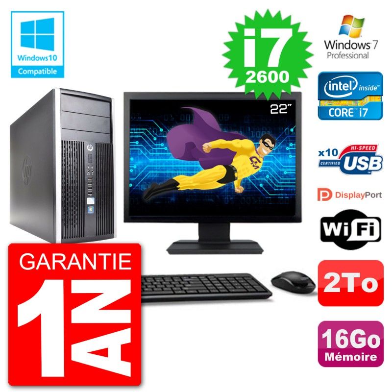 PC HP 6300 MT Ecran 22" Core i7-2600 RAM 16Go Disque 2To Graveur DVD Wifi W7
