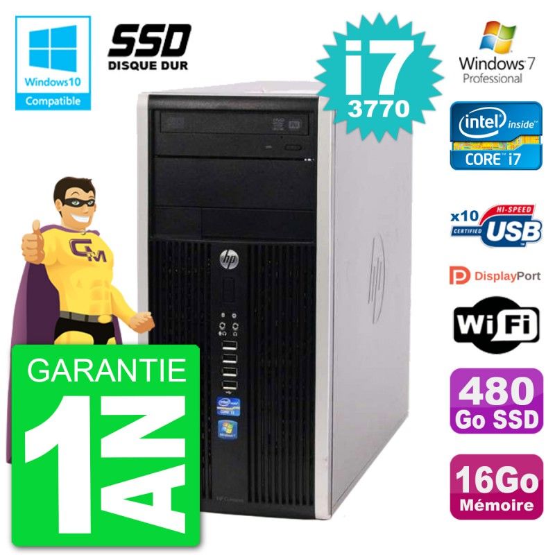 PC HP 6300 MT Intel Core i7-3770 RAM 16Go SSD 480Go Graveur DVD Wifi W7