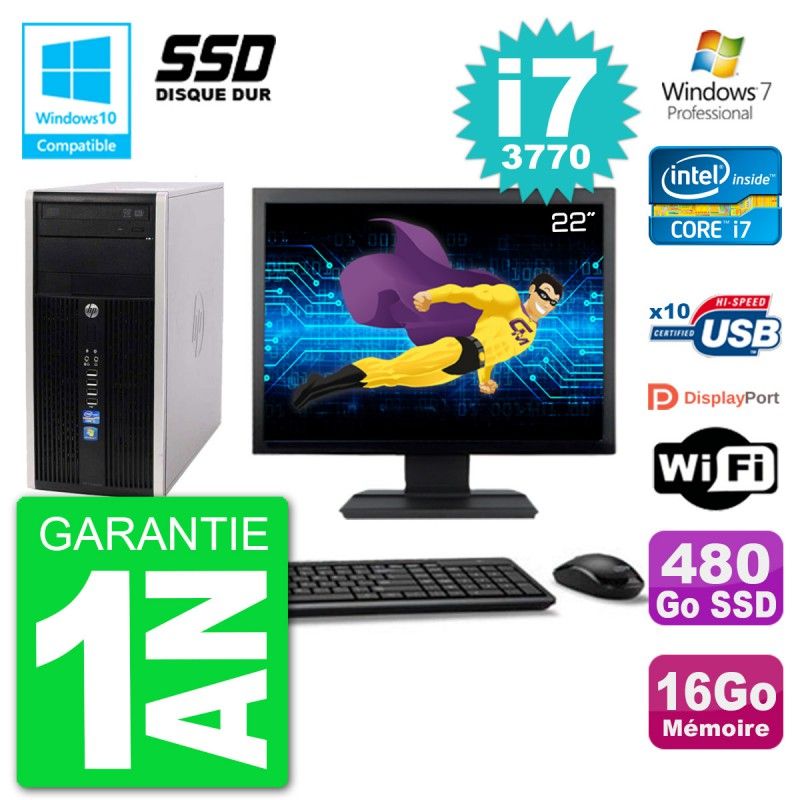 PC HP 6300 MT Ecran 22" Core i7-3770 RAM 16Go SSD 480Go Graveur DVD Wifi W7