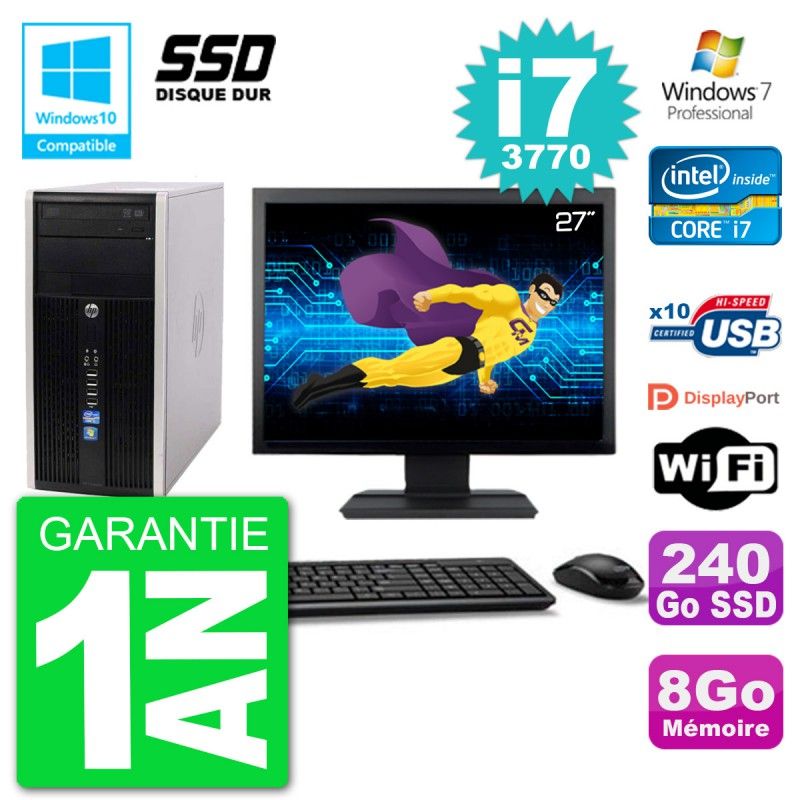 PC HP 6300 MT Ecran 27" Core i7-3770 RAM 8Go SSD 240Go Graveur DVD Wifi W7