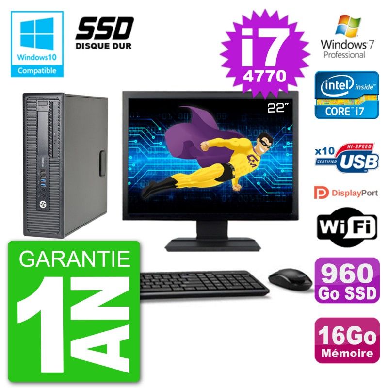 PC HP EliteDesk 800 G1 SFF Ecran 22" i7-4770 16Go SSD 960Go Graveur DVD Wifi W7