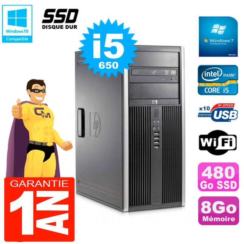 PC HP 8100 Tour Core i5-650 RAM 8Go SSD 480Go Graveur DVD Wifi W7