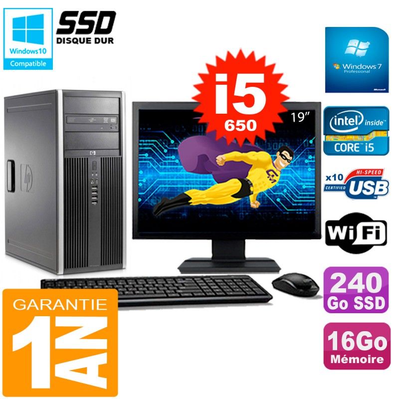 PC HP 8100 Tour Ecran 19" Core i5-650 RAM 16Go SSD 240Go Graveur DVD Wifi W7