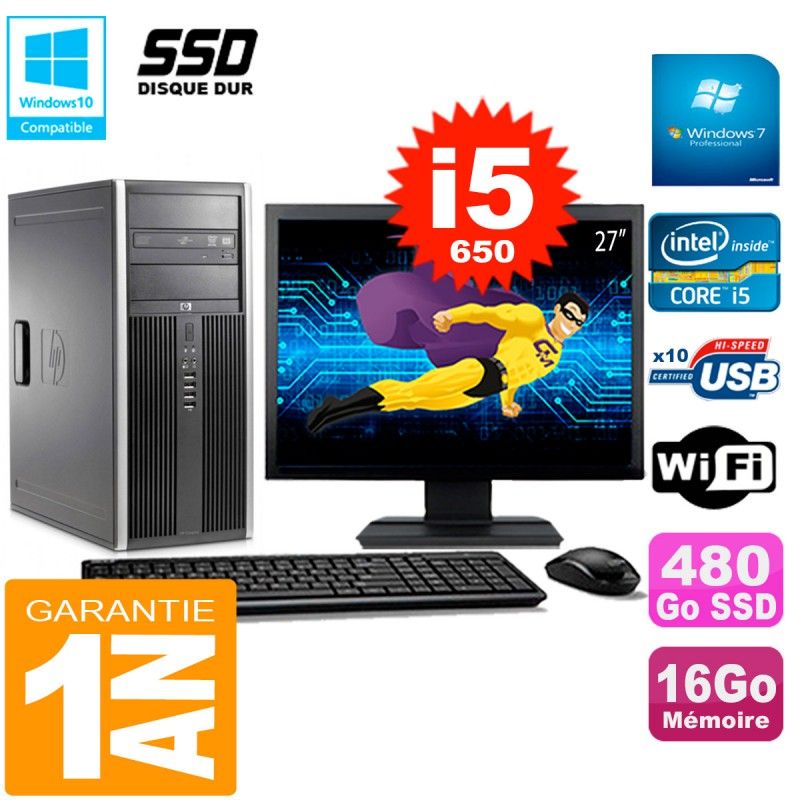 PC HP 8100 Tour Ecran 27" Core i5-650 RAM 16Go SSD 480Go Graveur DVD Wifi W7
