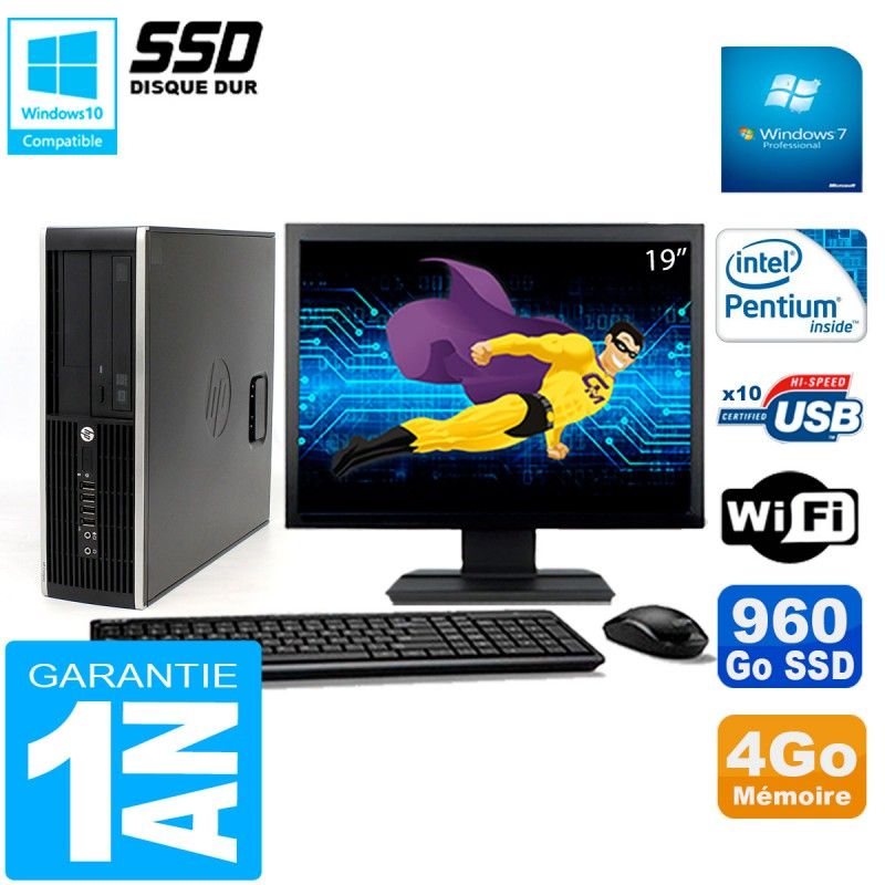 PC HP Compaq 8300 SFF Ecran 19" Intel G850 RAM 4Go Disque 960 Go SSD Wifi W7