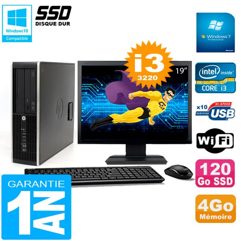 PC HP Compaq 8300 SFF Ecran 19" Core I3-3220 RAM 4Go Disque 120 Go SSD Wifi W7