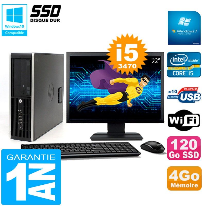 PC HP Compaq 8300 SFF Ecran 22" Core I5-3470 RAM 4Go Disque 120 Go SSD Wifi W7