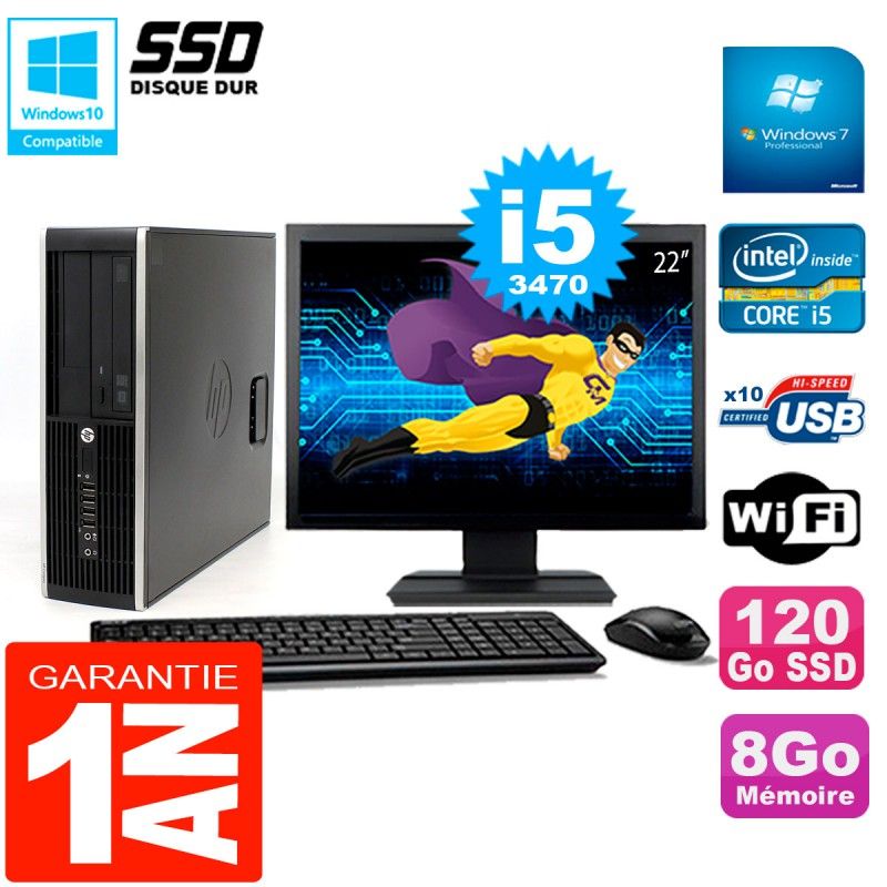 PC HP Compaq 8300 SFF Ecran 22" Core I5-3470 RAM 8Go Disque 120 Go SSD Wifi W7