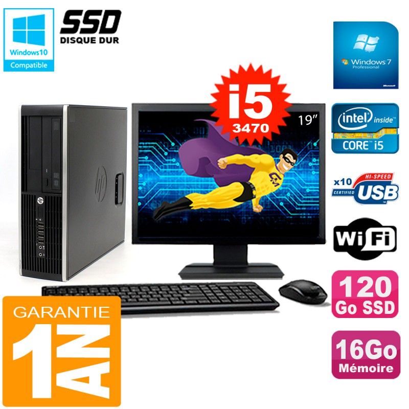PC HP Compaq 8300 SFF Ecran 19" Core I5-3470 RAM 16Go Disque 120 Go SSD Wifi W7