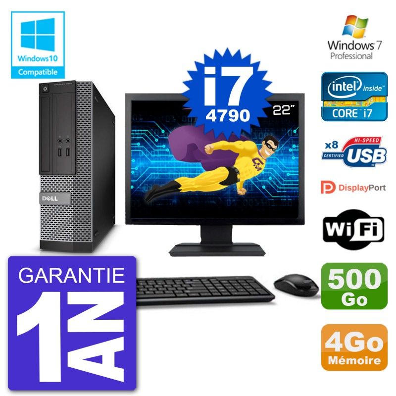 PC Dell 3020 SFF Ecran 22" Intel i7-4790 RAM 4Go Disque 500Go Graveur DVD Wifi W7