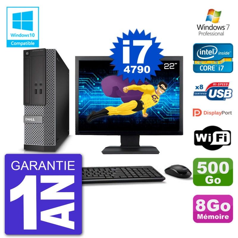 PC Dell 3020 SFF Ecran 22" Intel i7-4790 RAM 8Go Disque 500Go Graveur DVD Wifi W7