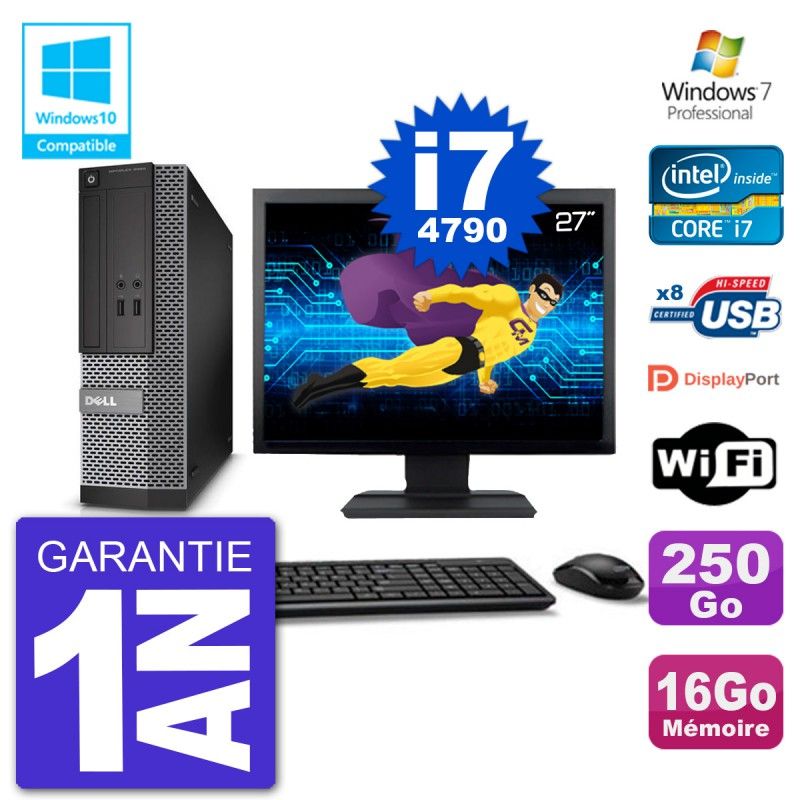 PC Dell 3020 SFF Ecran 27" Intel i7-4790 RAM 16Go Disque 250Go Graveur DVD Wifi W7