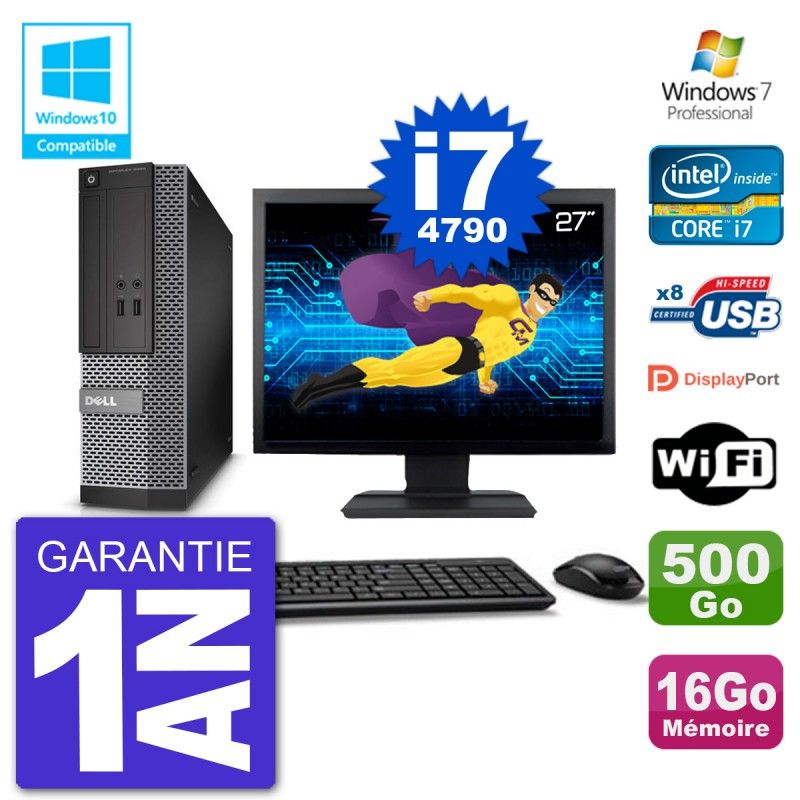 PC Dell 3020 SFF Ecran 27" Intel i7-4790 RAM 16Go Disque 500Go Graveur DVD Wifi W7