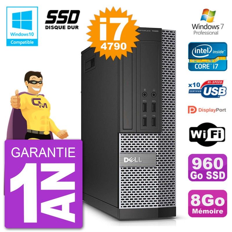 PC Dell 7020 SFF Intel i7-4790 RAM 8Go SSD 960Go Graveur DVD Wifi W7