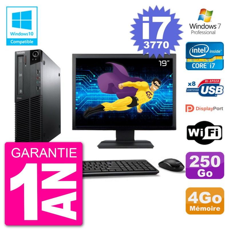 PC Lenovo M82 SFF Ecran 19" i7-3770 RAM 4Go Disque 250Go Graveur DVD Wifi W7