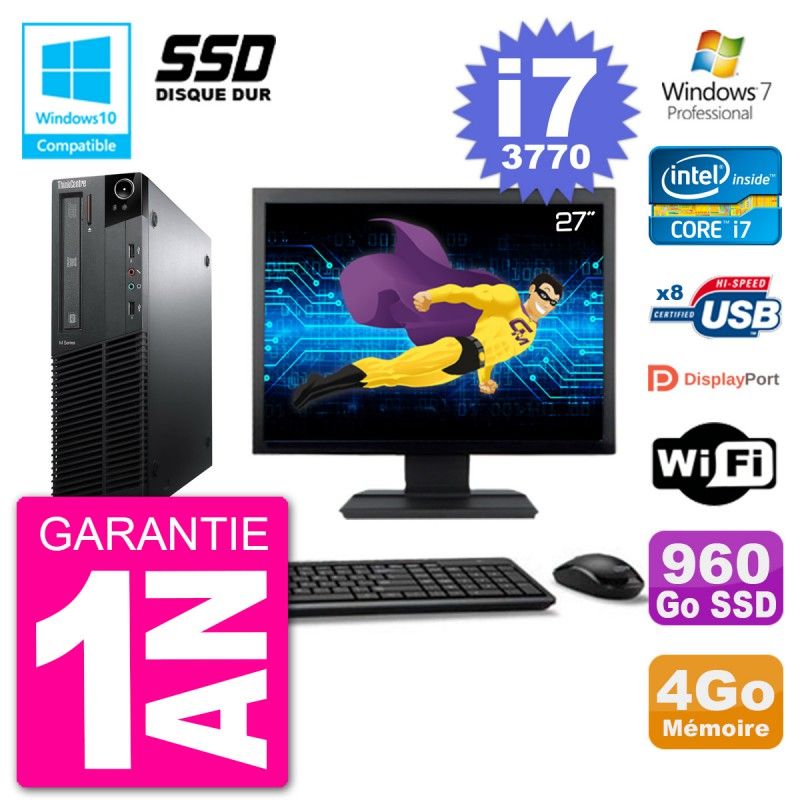 PC Lenovo M82 SFF Ecran 27" i7-3770 RAM 4Go SSD 960Go Graveur DVD Wifi W7