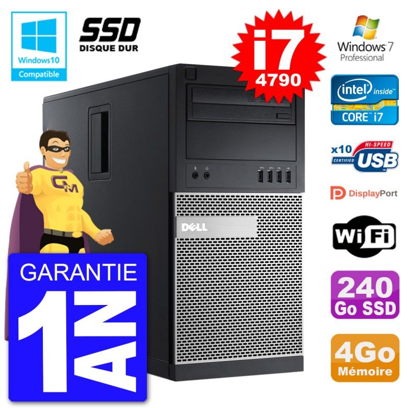 PC Tour DELL 9020 Intel Core I7-4790 RAM 4Go SSD 240Go Graveur DVD Wifi W7