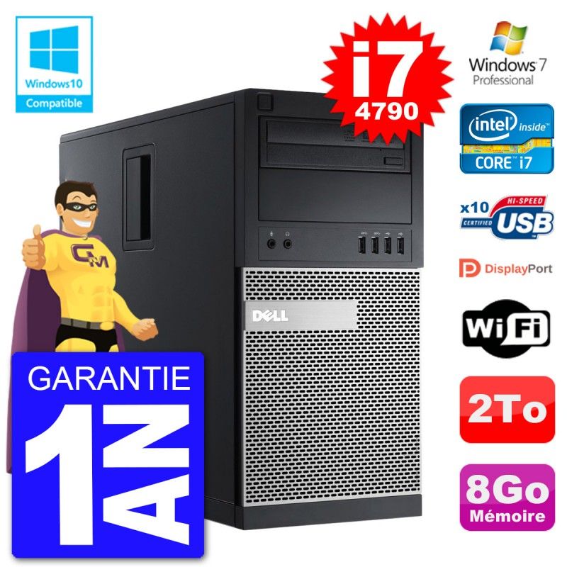 PC Tour DELL 9020 Intel Core I7-4790 RAM 8Go Disque Dur 2To Graveur DVD Wifi W7