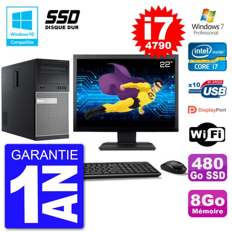 PC Tour DELL 9020 Ecran 22" Core i7-4790 RAM 8Go SSD 480Go Graveur DVD Wifi W7
